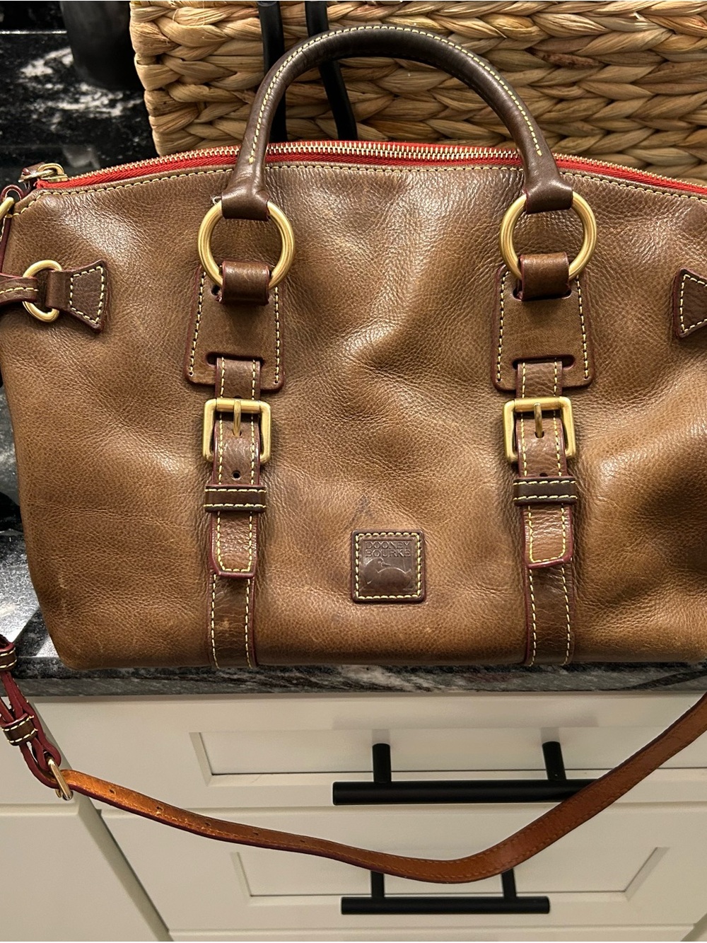 Dooney & Bourke Brown Leather Messenger Bag with Gold Hardware and Red Trim
